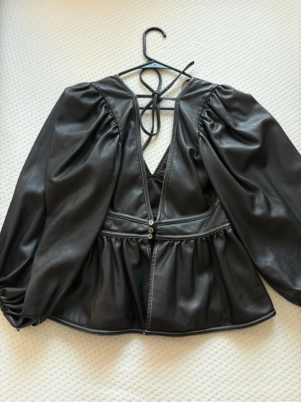 STAUD Black Faux Leather Peplum Top with Puff Sleeves